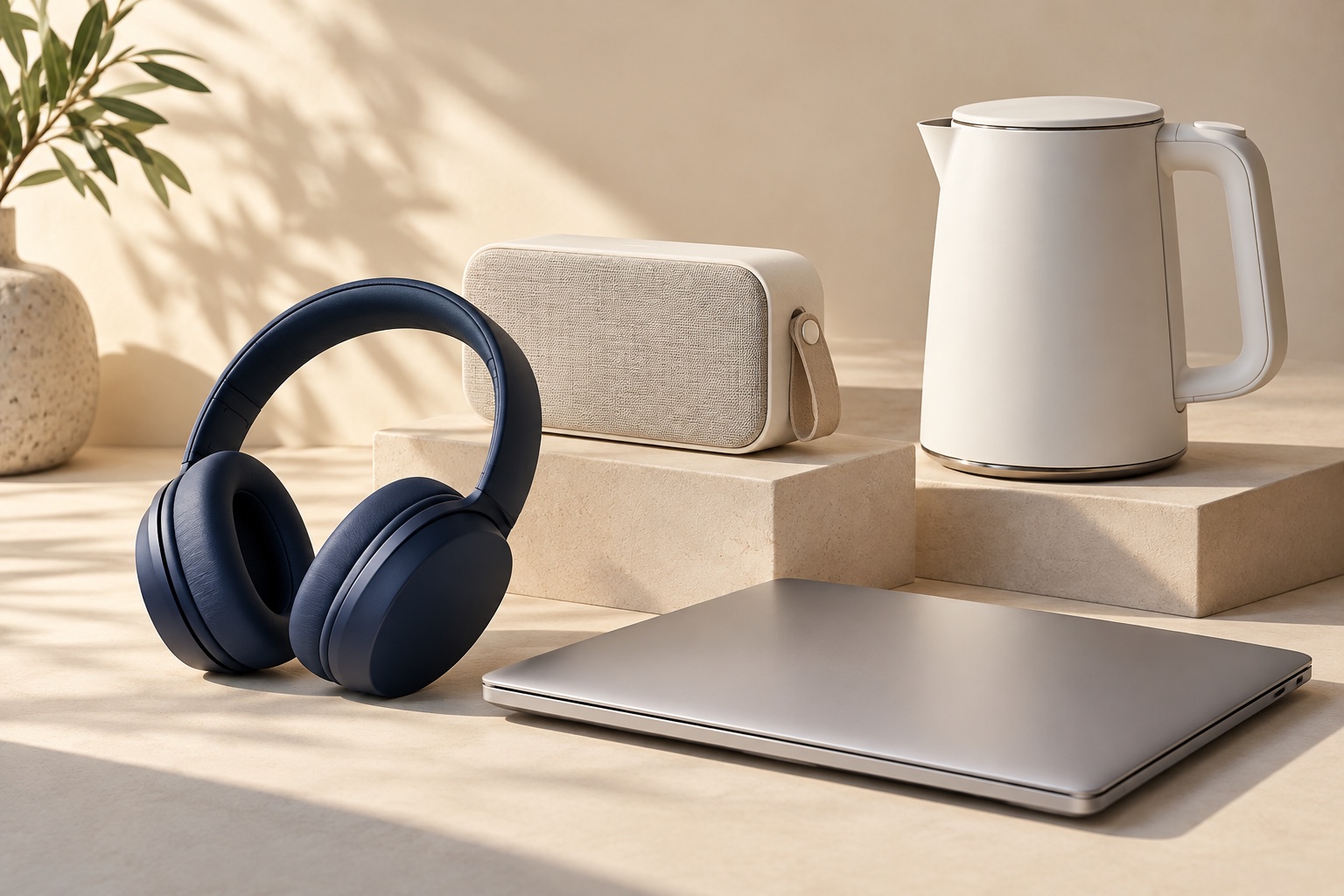 Illustrative arrangement of headphones, a speaker, a laptop and an electric kettle on warm ivory display blocks